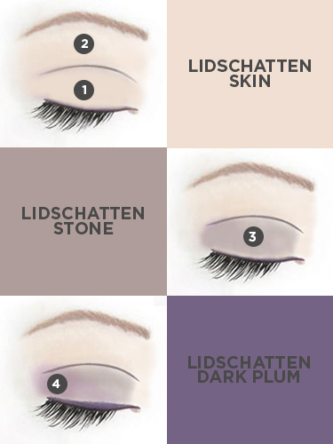 Drei Augen mit verschiedenen Lidschatten: Skin, Stone und Dark Plum, jeweils auf dem oberen Lid aufgetragen