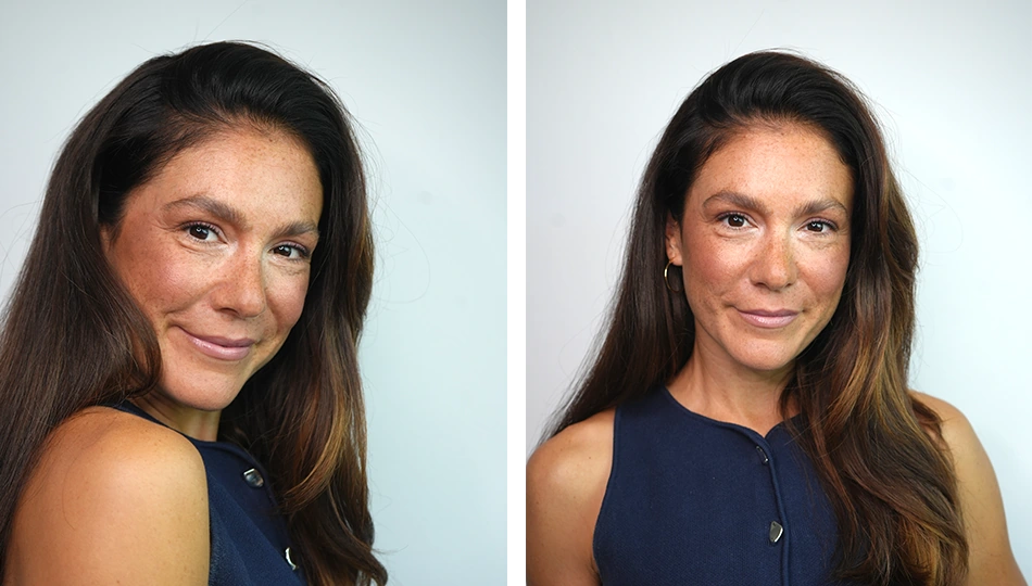 Frau mit warmem Herbst Make-up Look „A Hug of Colour“ mit dezenten Brauntönen und natürlichem Glow