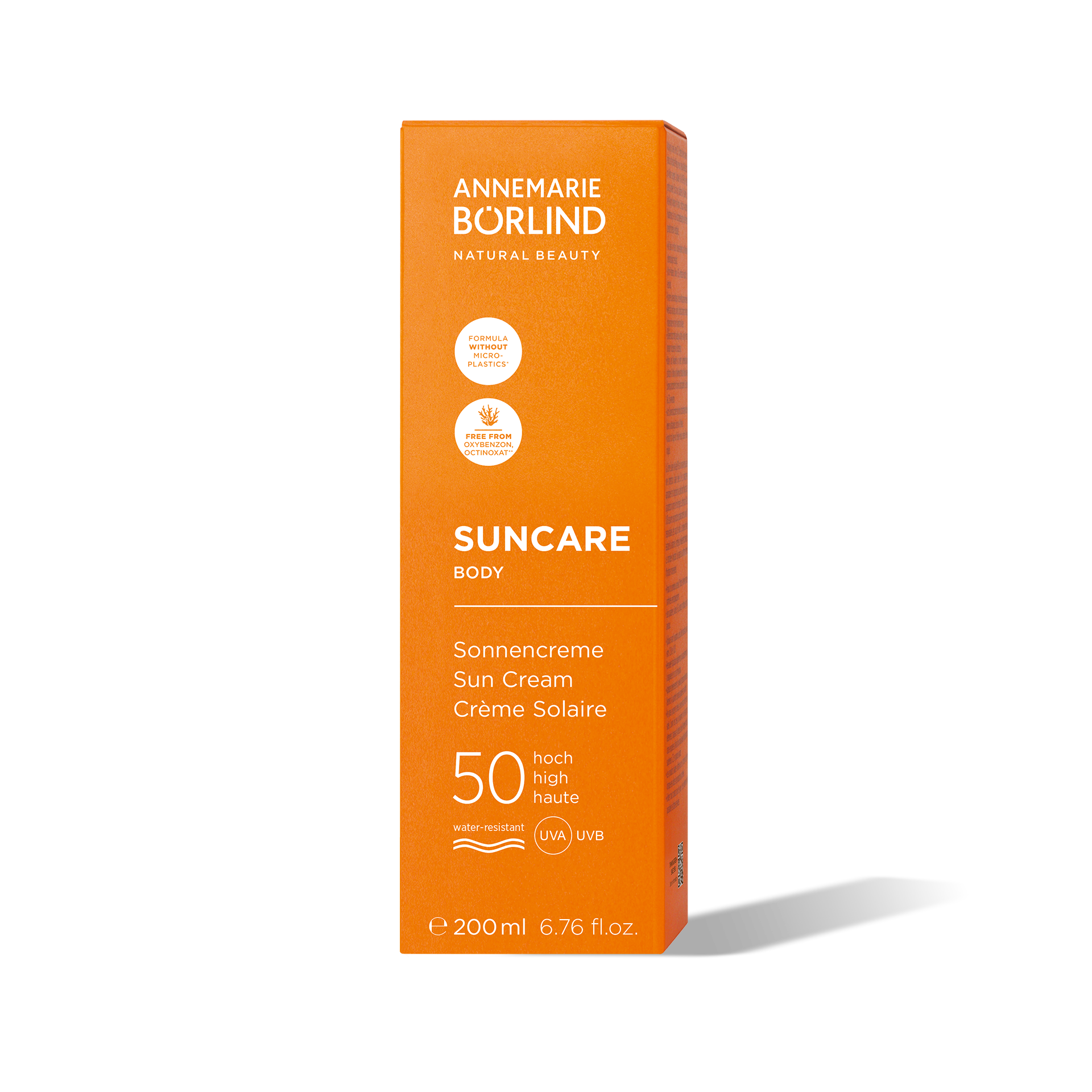 ANNEMARIE BÖRLIND SUNCARE Body Sonnencreme LSF 50, wasserfest, 200 ml Verpackung vor hellem Hintergrund
