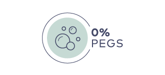 Symbol mit drei Blasen und Text "0% PEGS" in blauer Schrift auf hellem Hintergrund