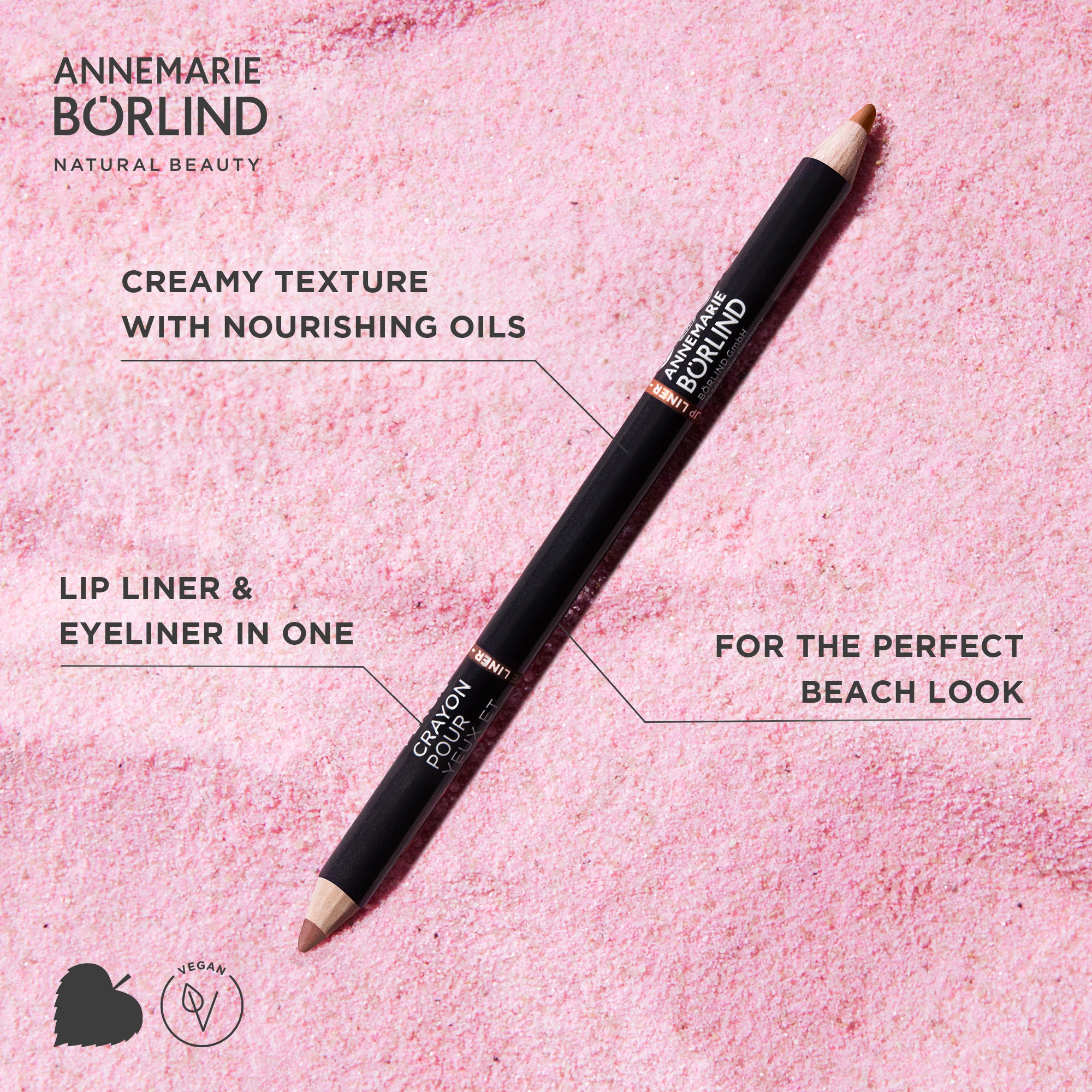 ANNEMARIE BÖRLIND 2in1 Lip Liner & Eyeliner mit cremiger Textur und pflegenden Ölen auf rosa Hintergrund