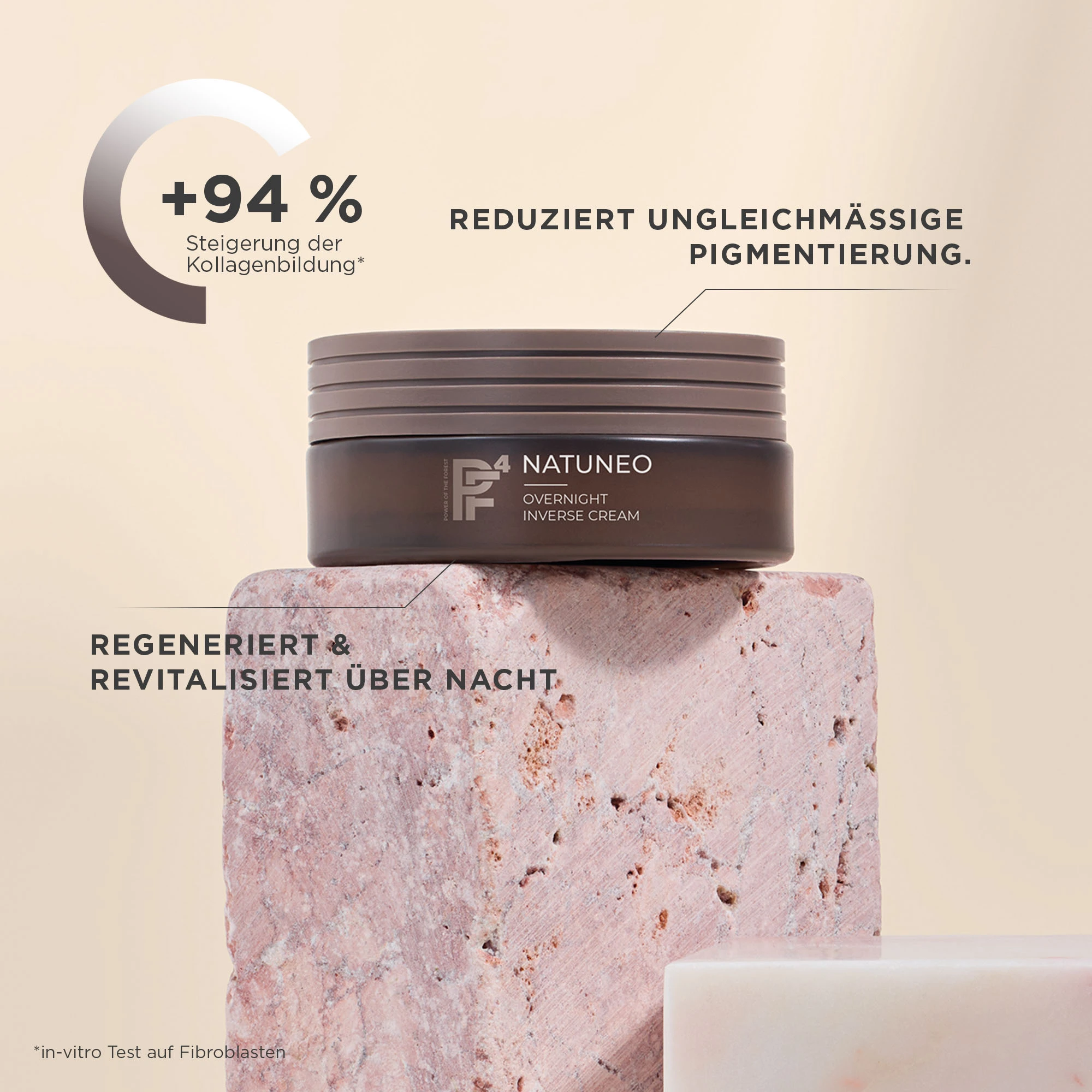 NATUNEO Overnight Inverse Cream auf Steinblock, steigert Kollagenbildung und reduziert Pigmentierung