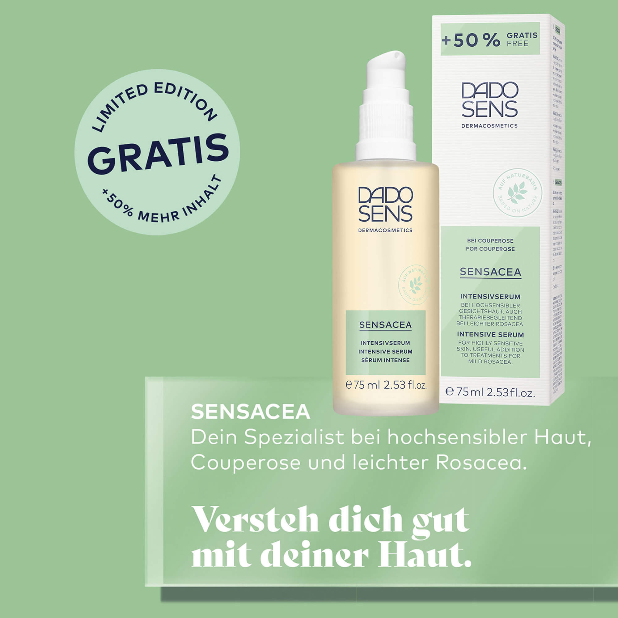 DADO SENS SENSACEA Intensivserum 75 ml mit 50 % mehr Inhalt, für hochsensible Haut und Couperose