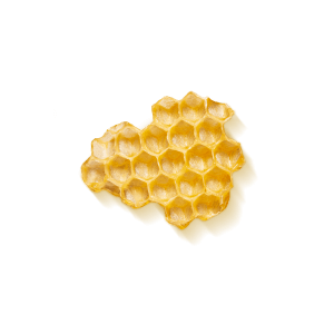Wabenstück aus goldenem Bienenwachs mit sechseckigen Zellen auf hellem Hintergrund