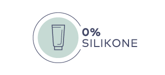 Symbol einer Kosmetiktube mit Text "0% SILIKONE" in dunkelblauer Schrift auf hellem Hintergrund