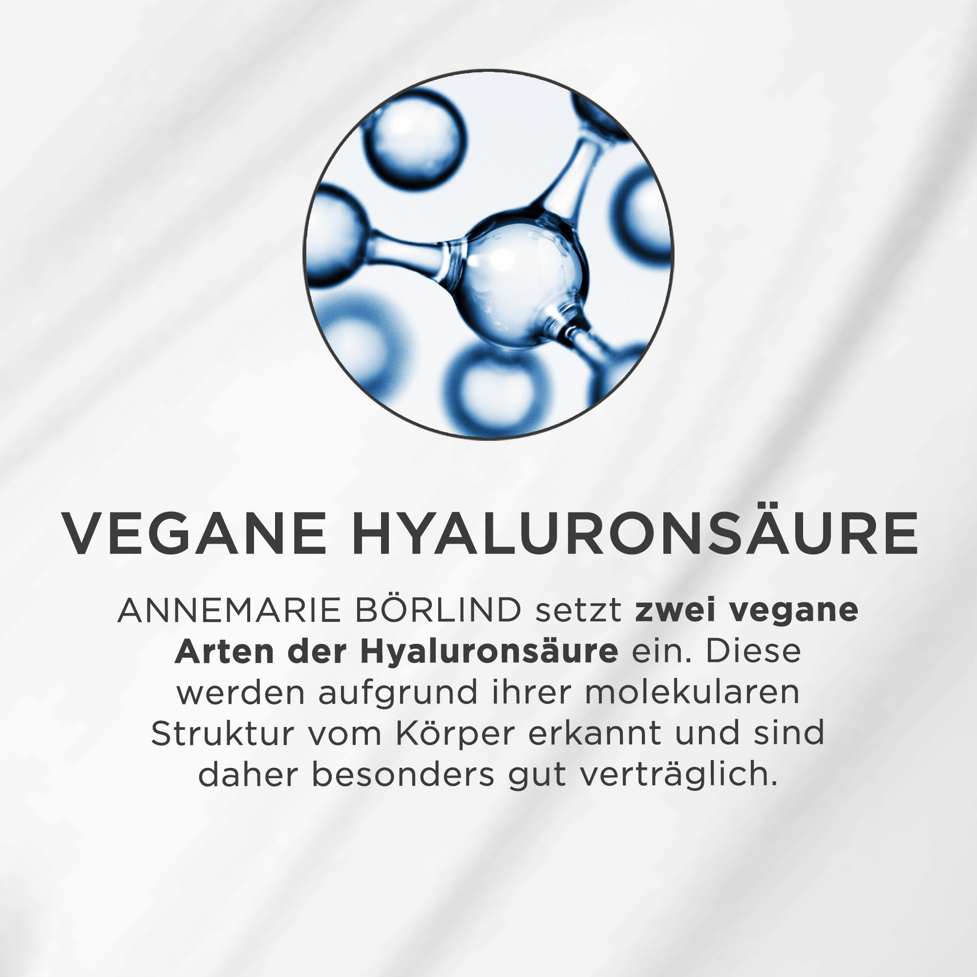 Molekülstruktur in blau, Text zu veganer Hyaluronsäure von ANNEMARIE BÖRLIND und deren Verträglichkeit