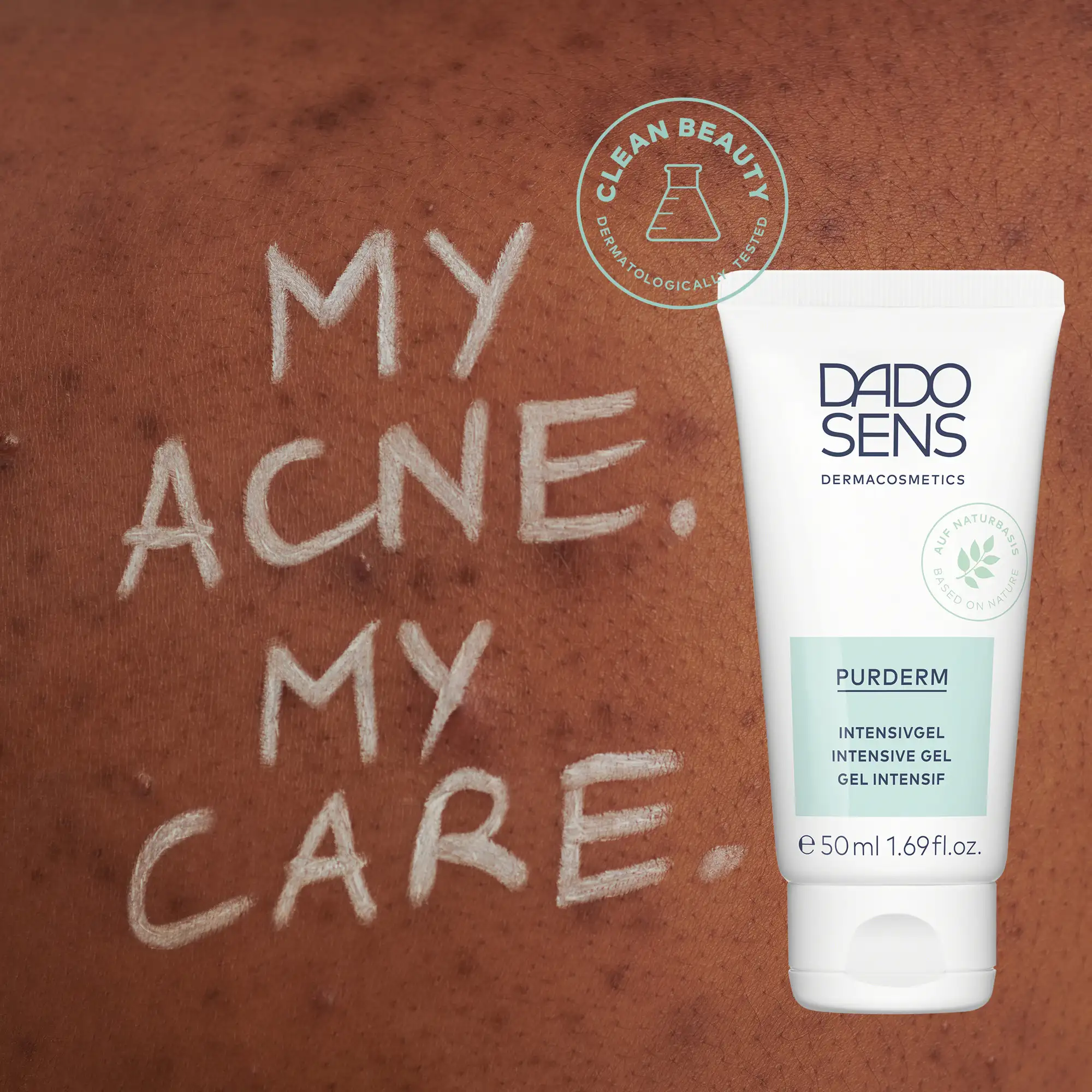 DADO SENS PURDERM Intensivgel vor Haut mit Akne und Schriftzug "My Acne. My Care.