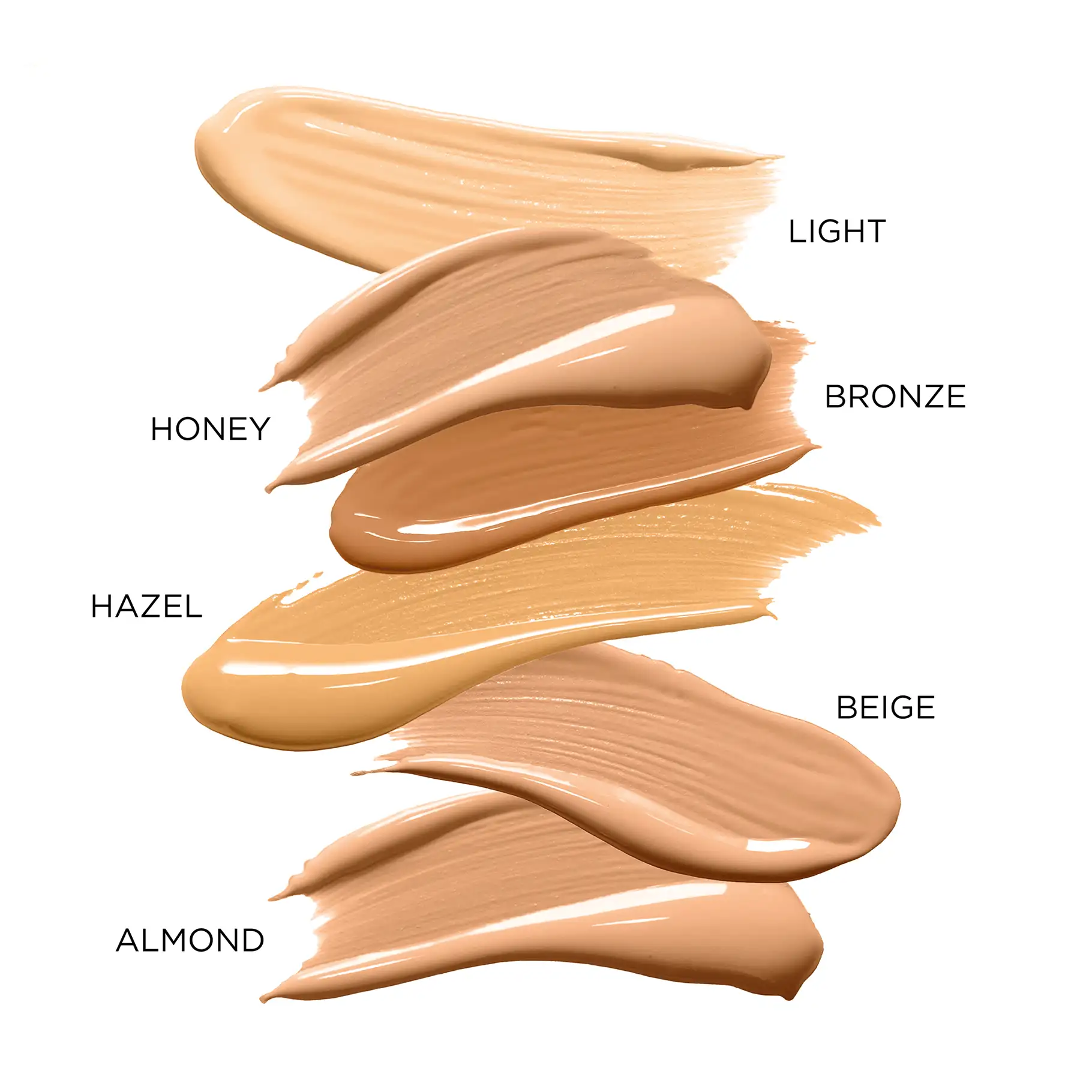 Make-up-Farben Light, Bronze, Honey, Hazel, Beige und Almond mit cremiger Textur auf weißem Hintergrund