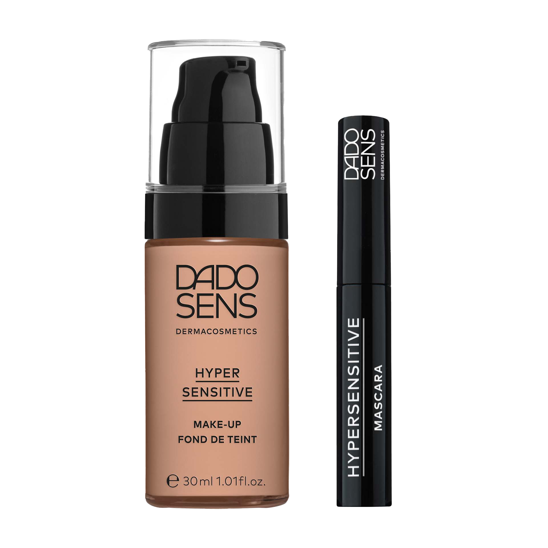 KIT FOND DE TEINT BEIGE DADO SENS HYPERSENSITIVE Make-up Foundation 30 ml und Mascara in schwarzer Verpackung