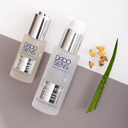 DADO SENS Regenerations-Gesichtsgel in zwei Größen mit Aloe-Vera-Blatt und getrockneten Pflanzenstücken