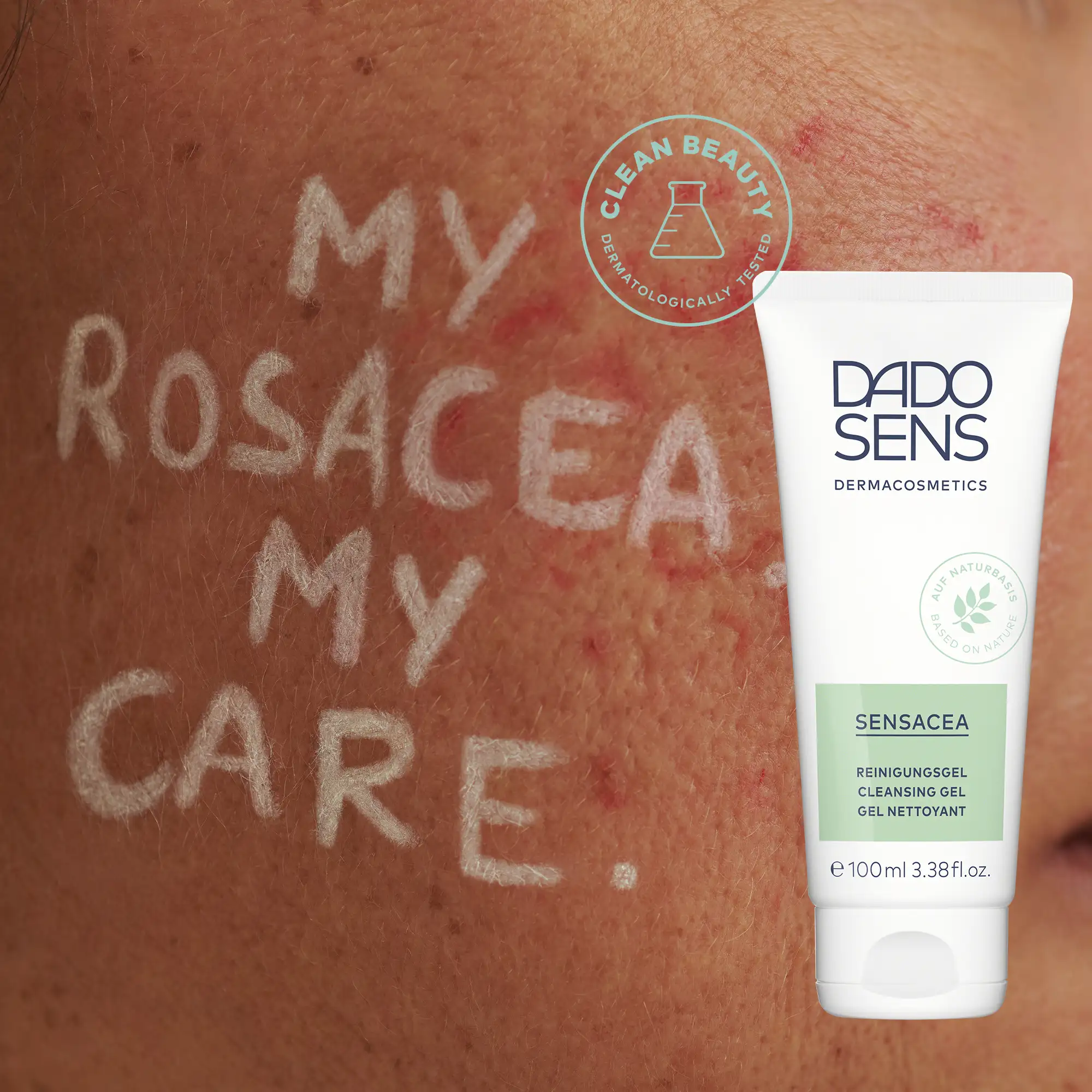 DADO SENS SENSACEA Reinigungsgel vor geröteter Haut mit Text "MY ROSACEA MY CARE" und Clean Beauty Siegel