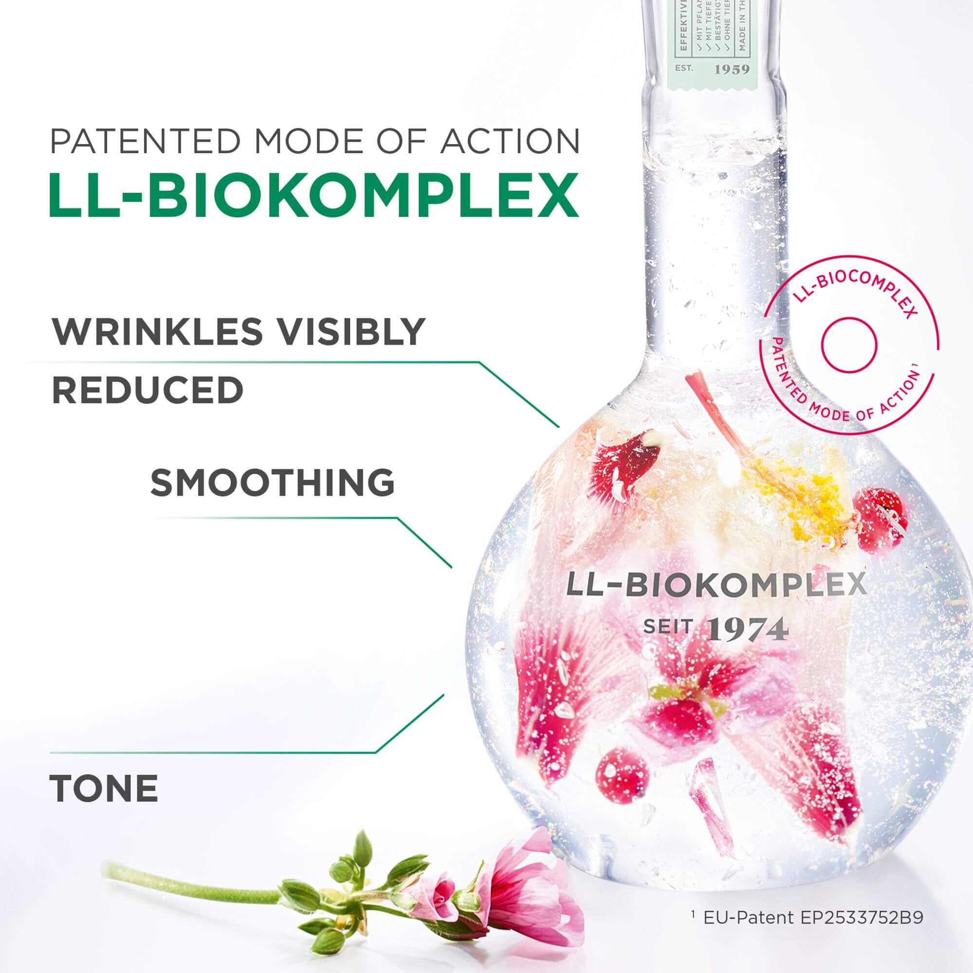 Glaskolben mit roten Blüten im Wasser, Text zu LL-BIOKOMPLEX und Wirkung gegen Falten und für Hautglättung