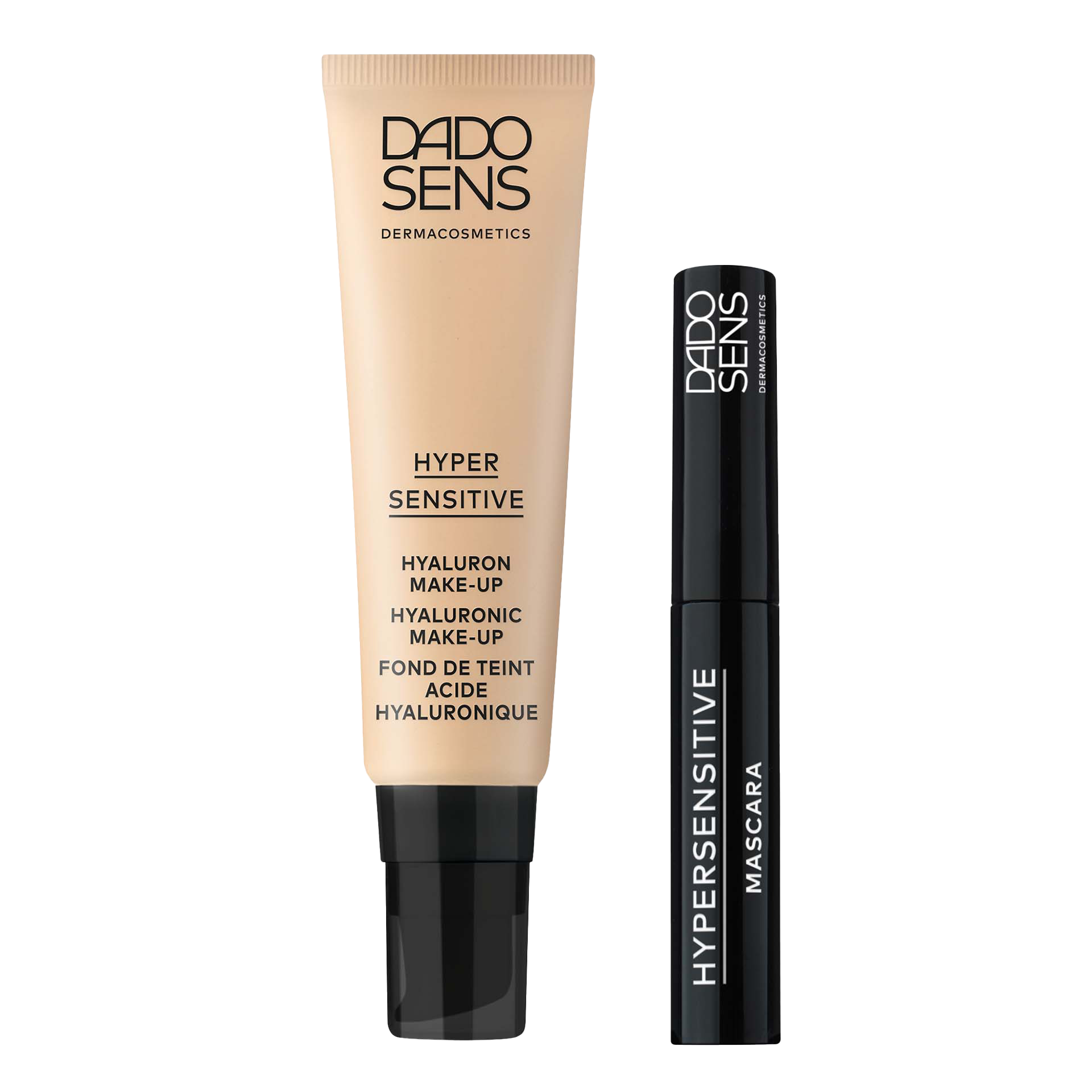 HYALURONIC MAKE-UP SET BEIGE DADO SENS Hypersensitive Hyaluron Make-up und Mascara in beige und schwarz, minimalistisch gestaltet