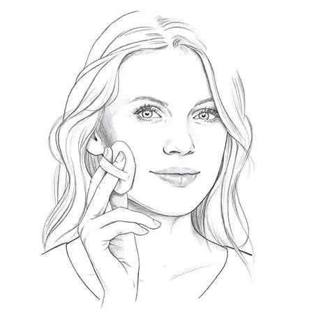 Make-up empfindliche Haut Schwarz-weiße Zeichnung einer Frau, die mit einem Schwämmchen Puder auf ihre Wange aufträgt – schonender Auftrag bei empfindlicher Haut.