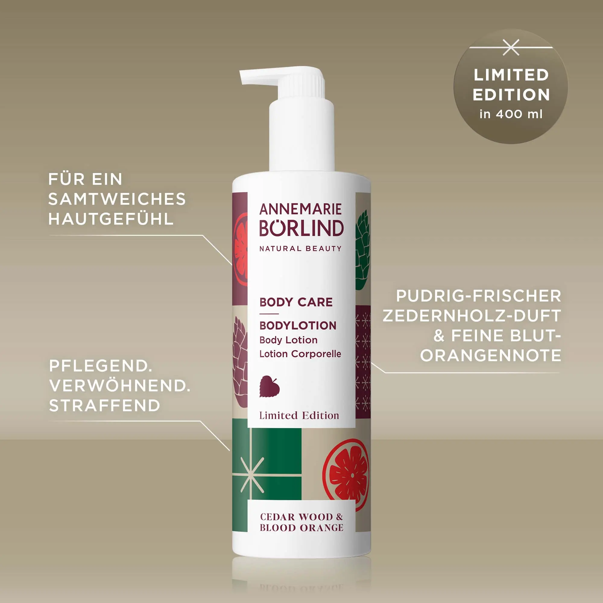 BODY CARE Bodylotion vor beigem Hintergrund, für ein samtweiches Hautgefühl mit pudrig-frischem Zedernholz-Duft