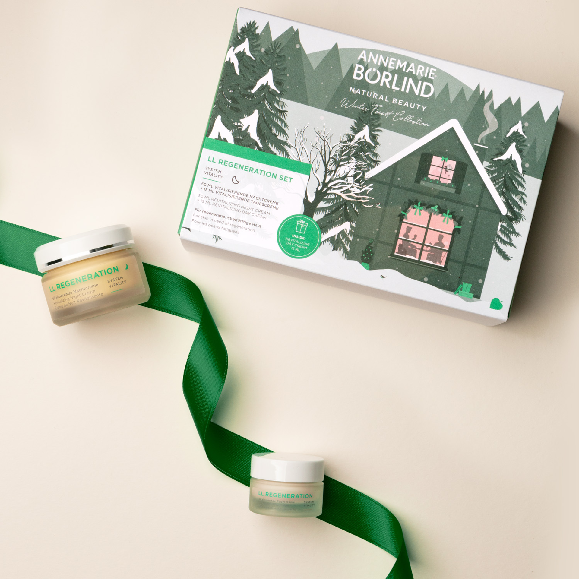 ANNEMARIE BÖRLIND LL REGENERATION Nacht- und Tagescreme mit Winterwald-Motiv Geschenkbox und grünem Band