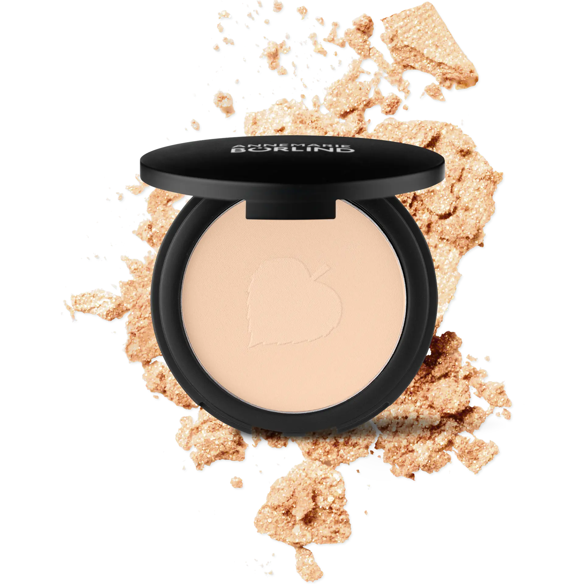 COMPACT POWDER LIGHT ANNEMARIE BÖRLIND Compact Powder Teint in hellem Farbton mit Apfel-Prägung und Puderkrümeln im Hintergrund