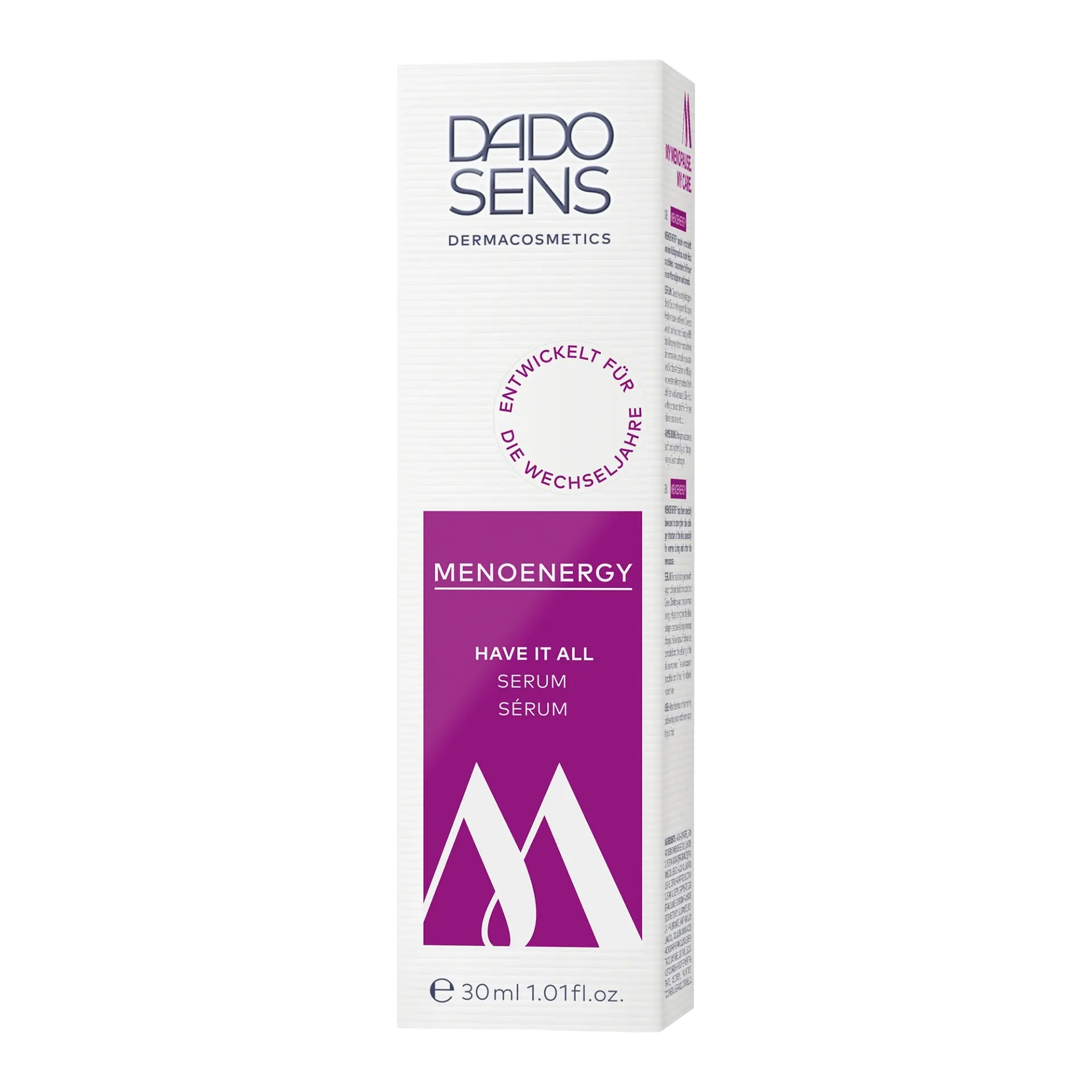 DADO SENS MENOENERGY Have It All Serum 30 ml, entwickelt für die Wechseljahre, weiße Verpackung mit lila Akzent