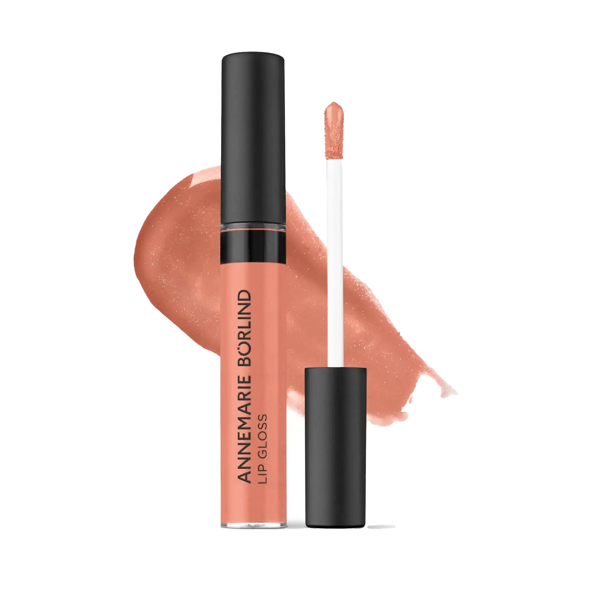 LIP GLOSS GLOWY PEACH ANNEMARIE BÖRLIND Lip Gloss in Pfirsich mit glänzendem Finish und Applikator vor Farbswatch