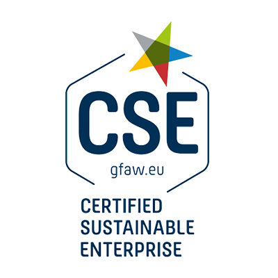 Logo mit buntem Stern und Schriftzug "CSE gfaw.eu Certified Sustainable Enterprise" auf weißem Hintergrund
