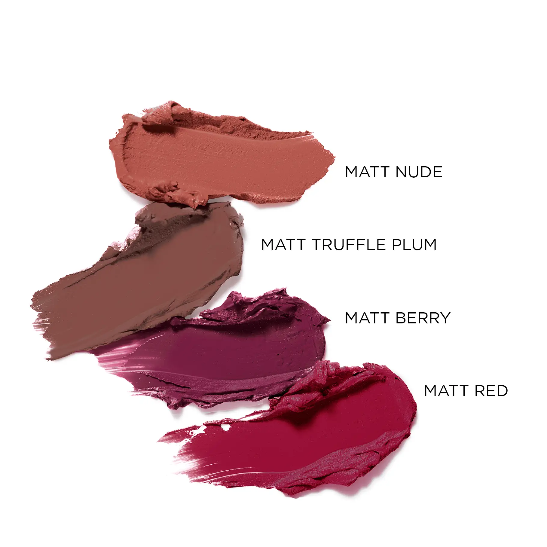 ANNEMARIE BÖRLIND Lippenstift-Mattfarben in Nude, Truffle Plum, Berry und Red als Farbauftrag auf weißem Hintergrund