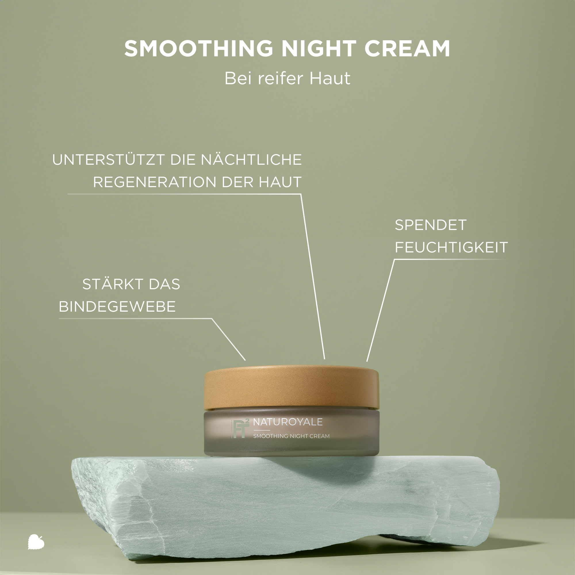 NATUROYALE Smoothing Night Cream auf Stein mit Text zu Hautregeneration, Feuchtigkeit und Stärkung des Bindegewebes