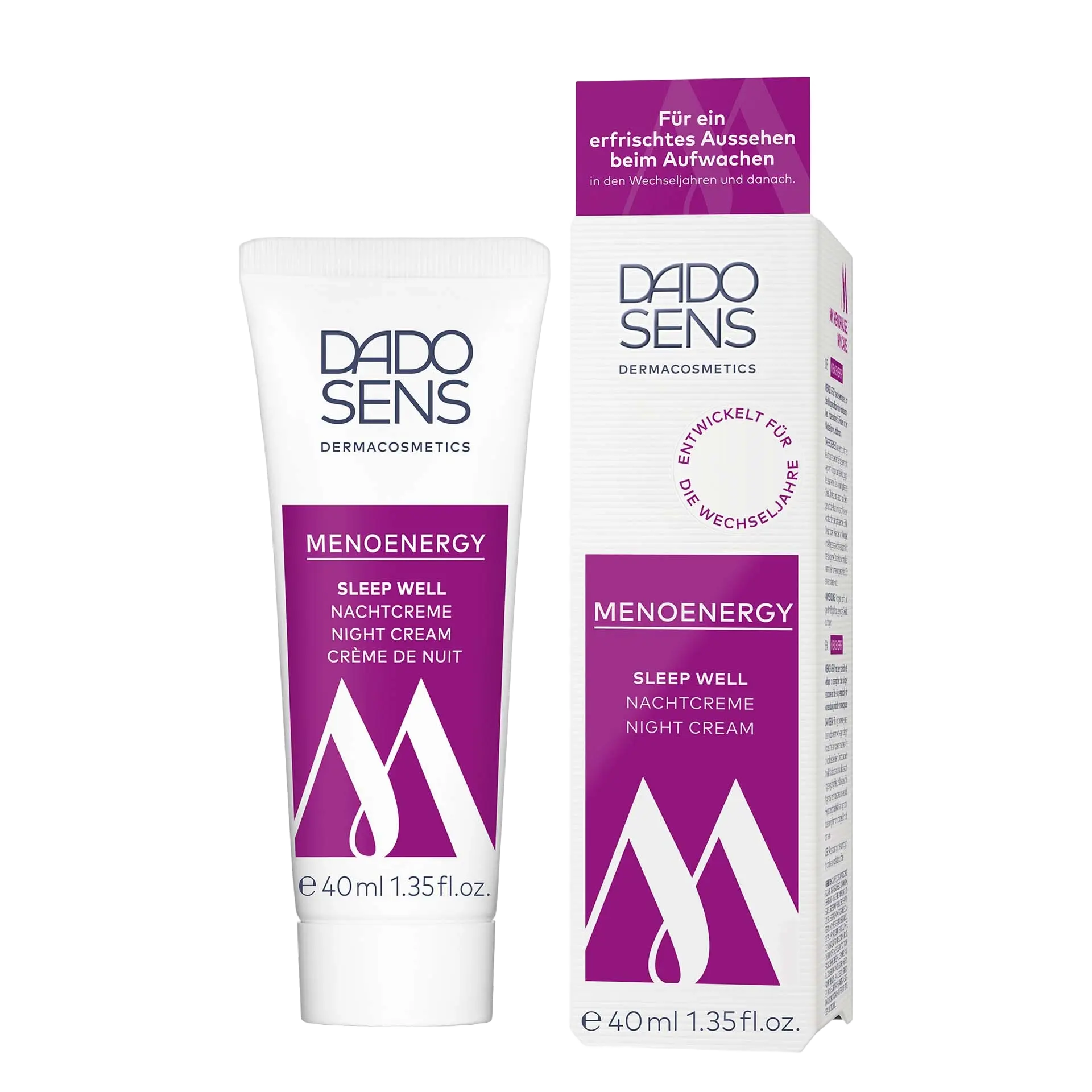 DADO SENS MENOENERGY SLEEP WELL Nachtcreme 40 ml, Tube und Faltschachtel mit lila Aufschrift