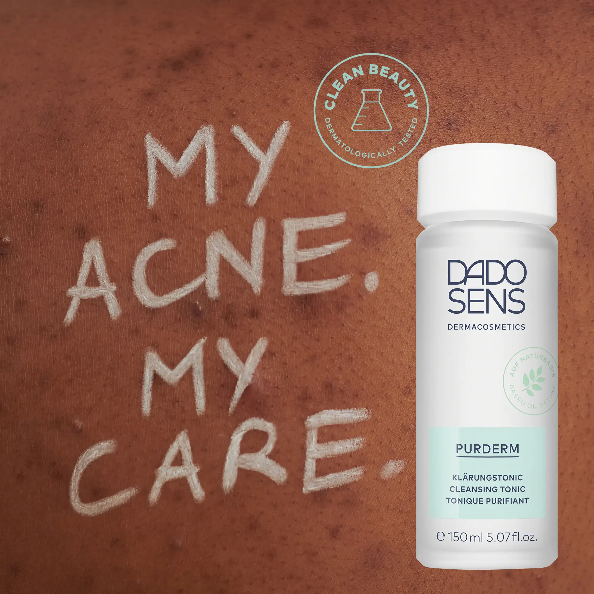 DADO SENS PURDERM Klärungstonic für unreine Haut, 150 ml Flasche vor Haut mit Akne-Schriftzug