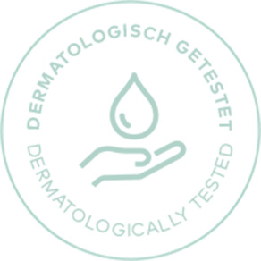 Siegel mit Hand und Wassertropfen, Text: dermatologisch getestet, dermatologically tested in grünem Kreis