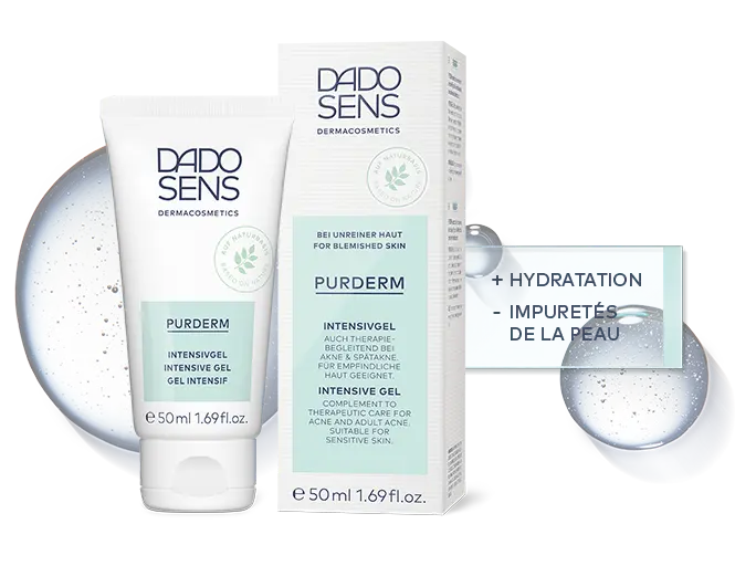 DADO SENS PURDERM Intensivgel für unreine, empfindliche Haut, 50 ml Tube und Verpackung