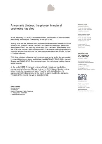 Textseite mit Nachruf auf Annemarie Lindner, Gründerin von ANNEMARIE BÖRLIND, und Firmenkontaktinformationen