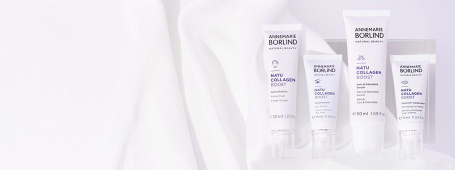 ANNEMARIE BÖRLIND NATU COLLAGEN BOOST mit Gesichtsfluid, Augenserum, Hals- & Dekolleté-Serum und Volumen-Lippenserum