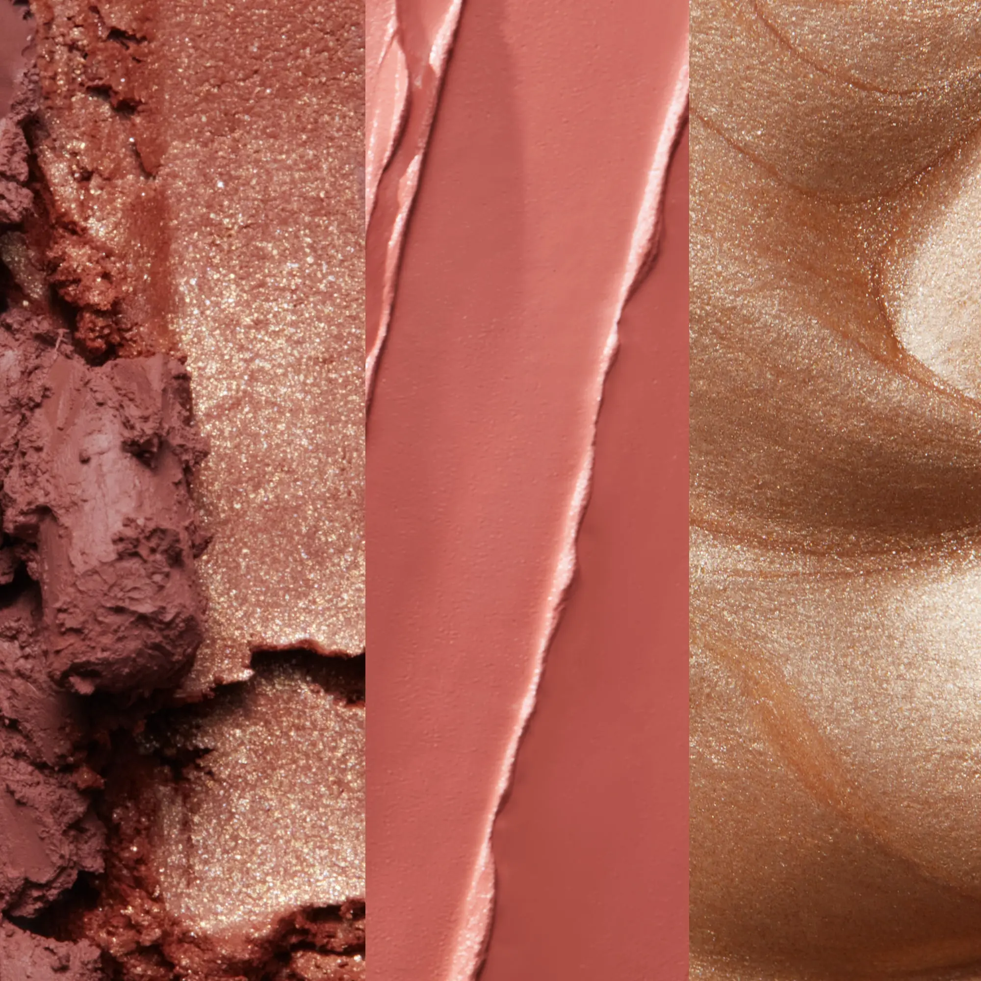 Drei Nahaufnahmen von Kosmetiktexturen in Braun- und Rosétönen mit matten und schimmernden Oberflächen