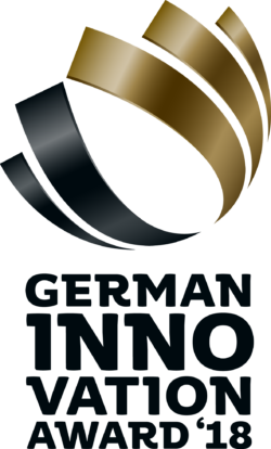 Logo des GERMAN INNOVATION AWARD 2018 mit stilisierten goldenen und schwarzen Bändern über dem Schriftzug