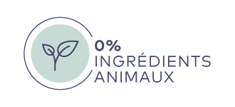 Symbol mit zwei Blättern und Schriftzug "0% INGRÉDIENTS ANIMAUX" in Blau auf hellem Hintergrund