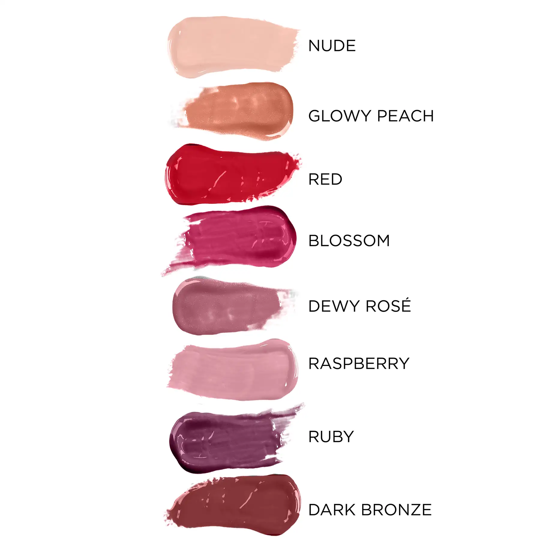 Farbswatches von Lippen-Make-up in Nude, Glowy Peach, Red, Blossom, Dewy Rosé, Raspberry, Ruby und Dark Bronze.