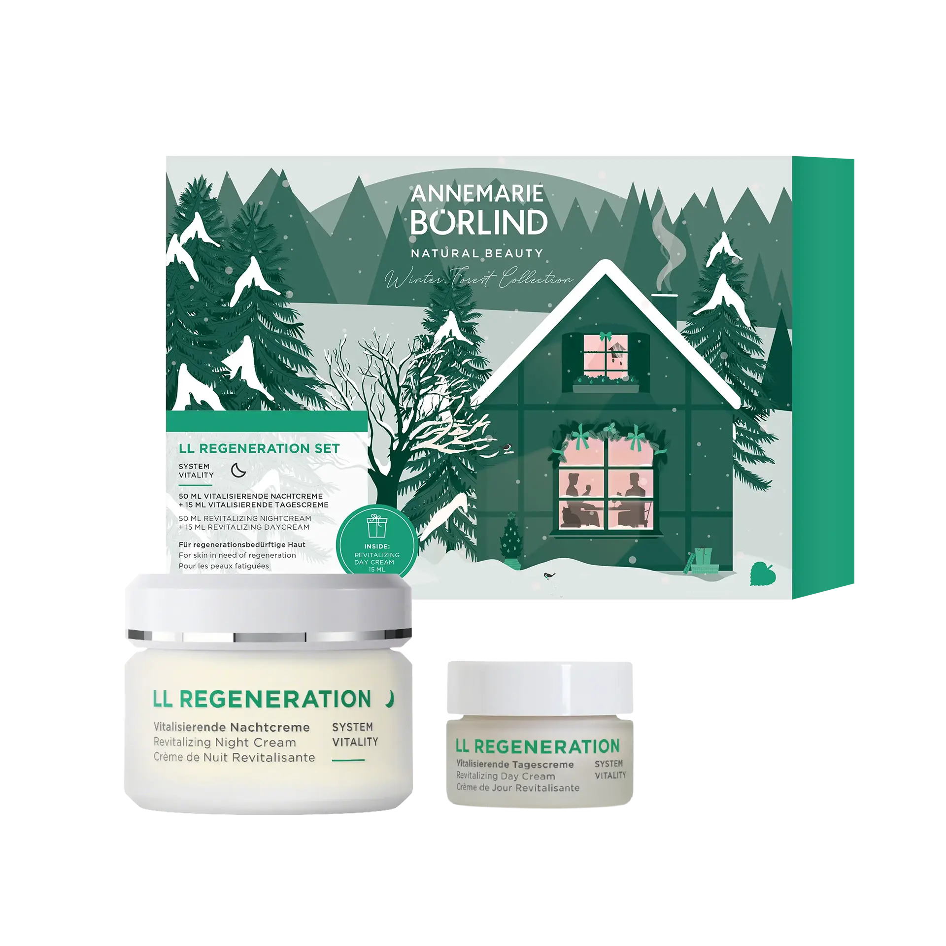 NIGHT CARE SET X-MAS ANNEMARIE BÖRLIND LL REGENERATION Nacht- und Tagescreme im Set mit winterlicher Waldhaus-Verpackung