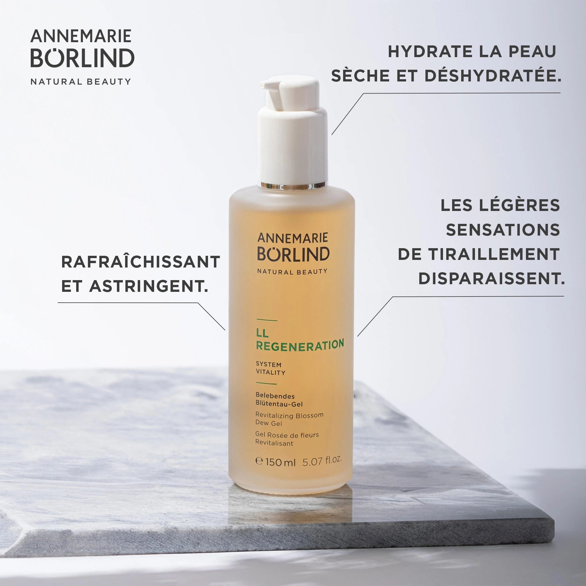 ANNEMARIE BÖRLIND LL REGENERATION Belebendes Blütentau-Gel in 150 ml Flasche auf Marmorplatte
