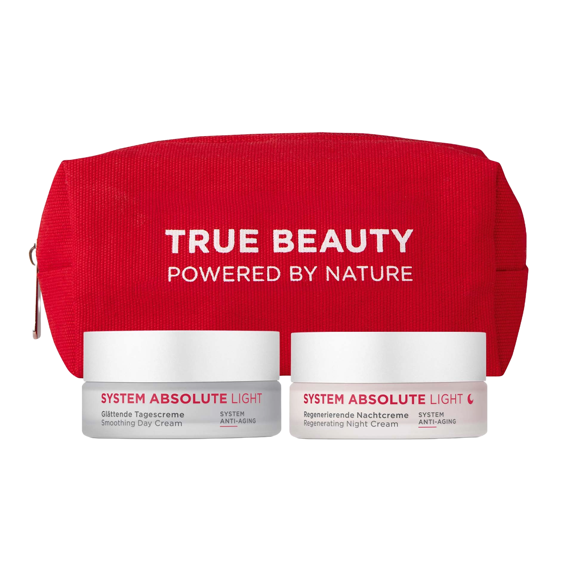 SYSTEM ABSOLUTE LIGHT Tages- und Nachtcreme mit Anti-Aging-Effekt vor rotem Kosmetikbeutel mit Schriftzug True Beauty