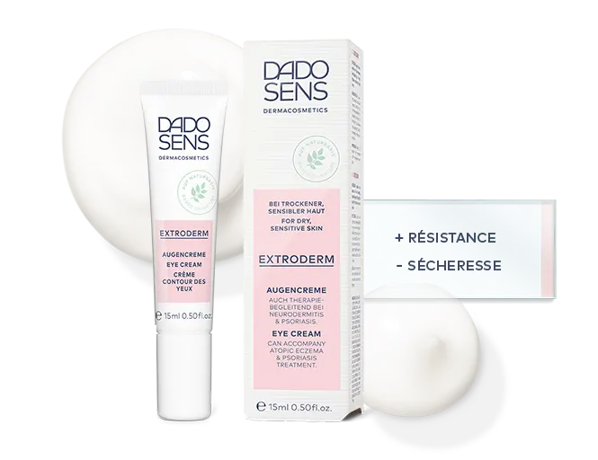 DADO SENS EXTRODERM Augencreme für trockene, sensible Haut, 15 ml Tube mit Verpackung und Cremeprobe