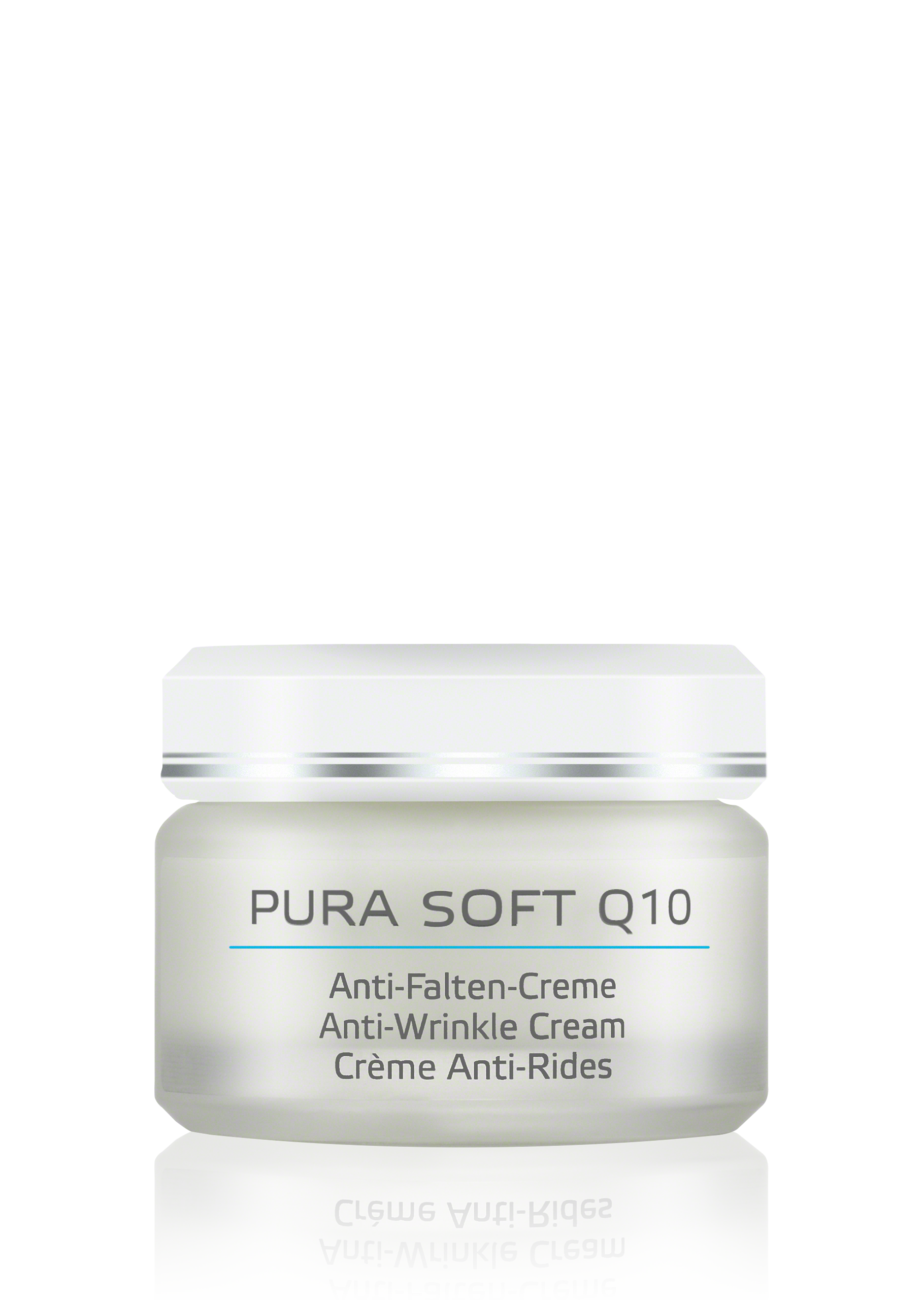 PURA SOFT Q10 PURA SOFT Q10 Anti-Falten-Creme im 50-ml-Tiegel mit weißem Deckel und klarer Schrift