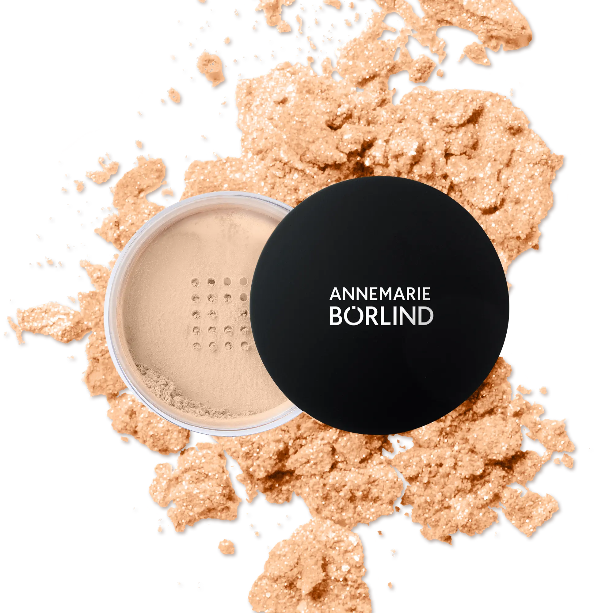 LOOSE POWDER LIGHT ANNEMARIE BÖRLIND lose Puder-Teint in heller Nuance mit schwarzem Deckel und verstreutem Puder