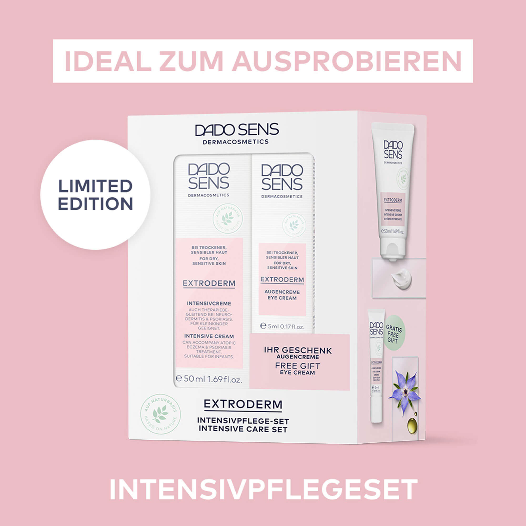 DADO SENS EXTRODERM Intensivcreme 50 ml mit gratis Augencreme 5 ml, Limited Edition, rosa Hintergrund