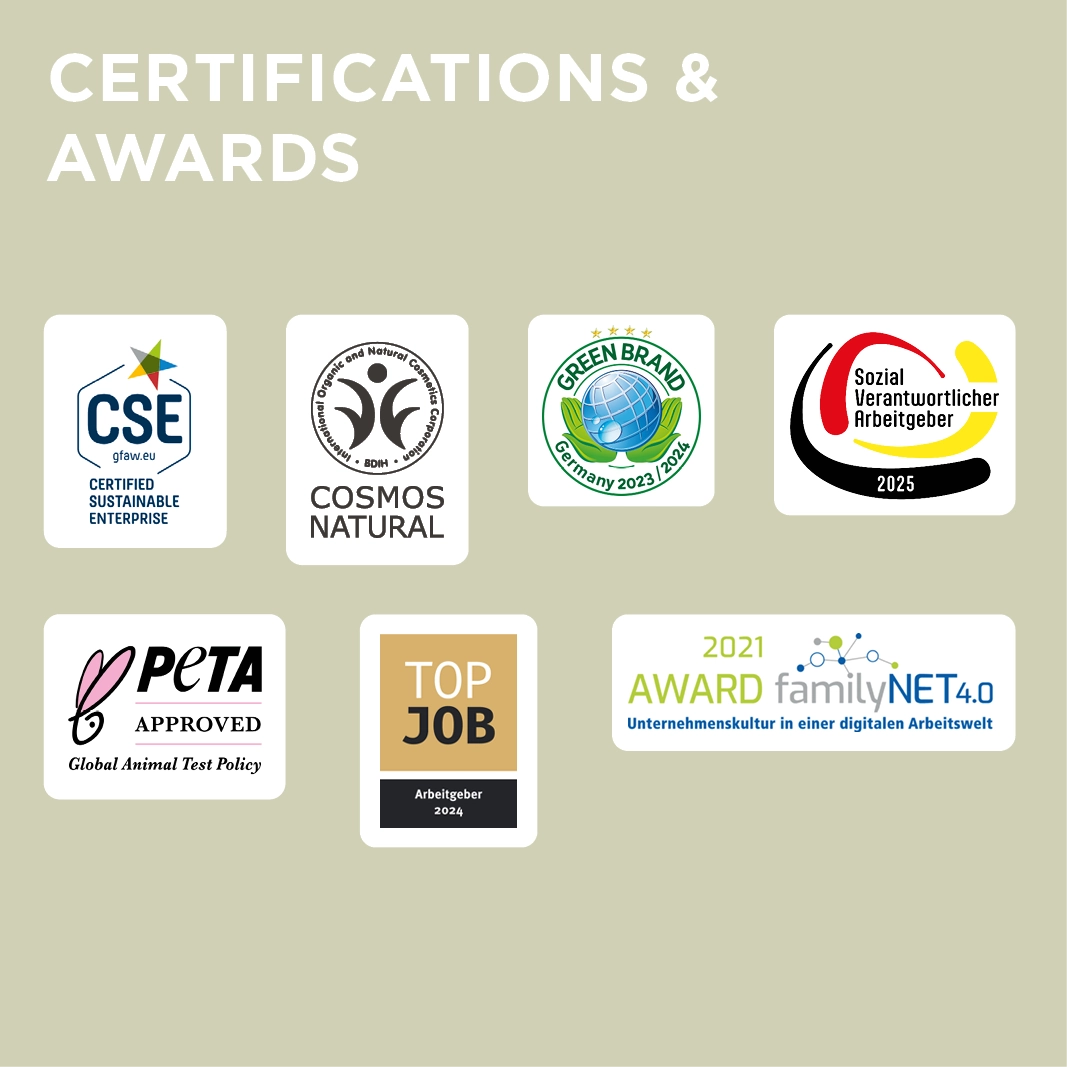 Grid of certification and award logos: CSE, COSMOS Natural, Green Brand, socially responsible employer, PETA Approved, Top Job, familyNET 4.0.