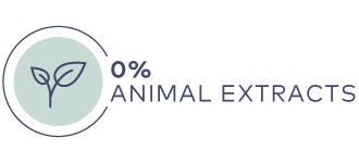 Symbol mit zwei Blättern und Schriftzug "0% ANIMAL EXTRACTS" in blauer Schrift auf hellem Hintergrund