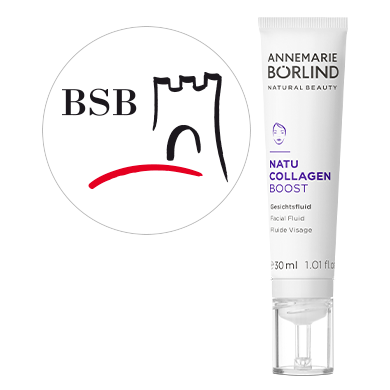 ANNEMARIE BÖRLIND NATU COLLAGEN BOOST Gesichtsfluid 30 ml neben BSB-Logo mit Burgsymbol