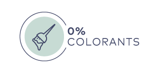 Symbol mit Pinsel und Text "0% COLORANTS" in Blau und Hellgrün, Hinweis auf Farbstofffreiheit