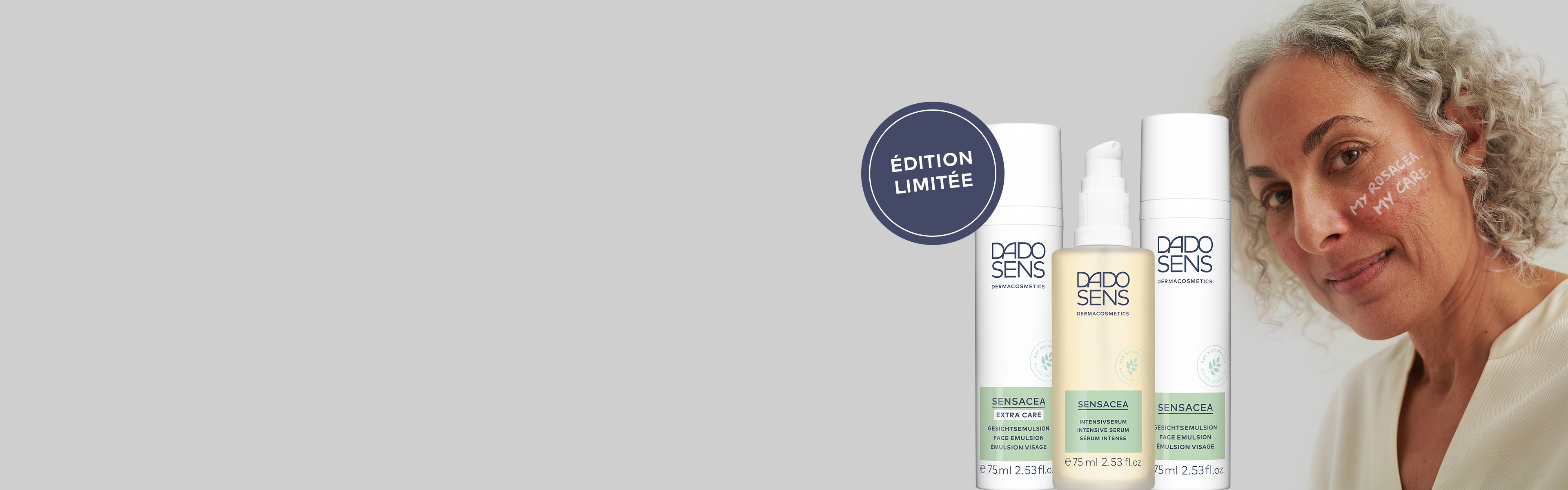 DADO SENS SENSACEA Gesichtsserum und Emulsion, limitierte Edition, neben Frau mit geröteter Haut und Text auf Wange