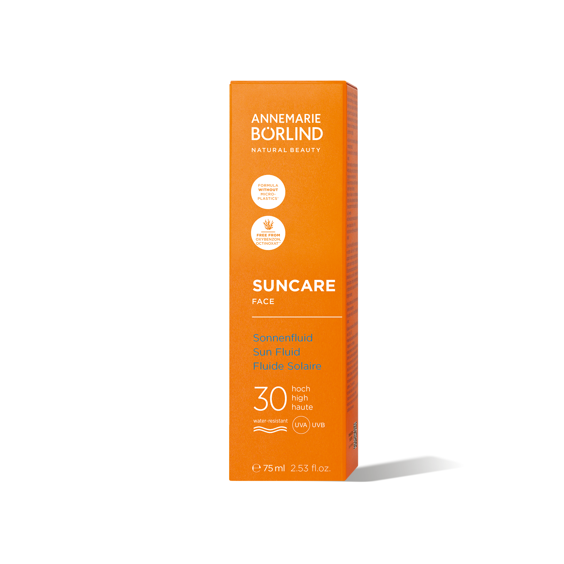 ANNEMARIE BÖRLIND Suncare Face Sonnenfluid LSF 30, wasserfest, 75 ml Verpackung vor schwarzem Hintergrund