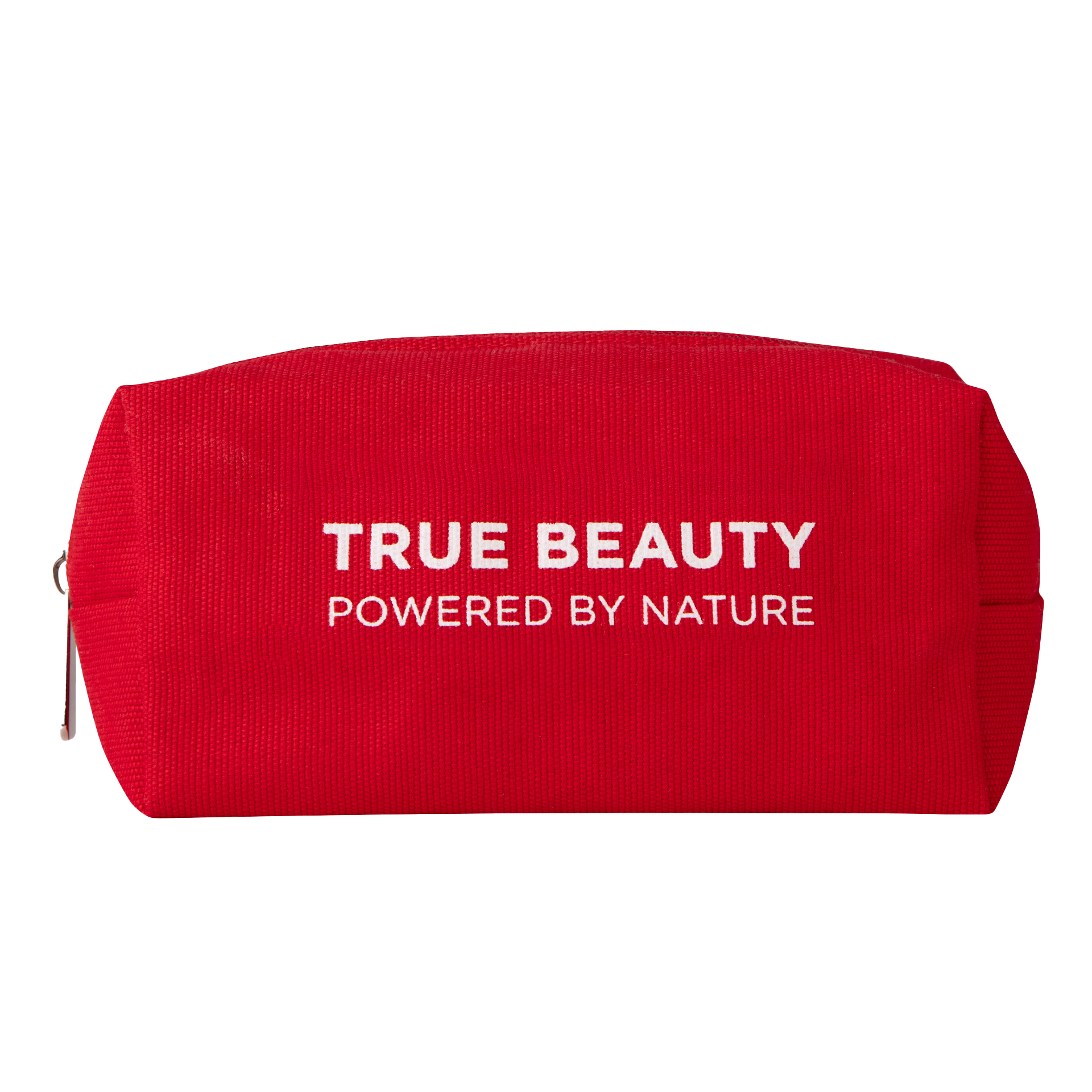 Rote Stofftasche mit weißer Aufschrift "TRUE BEAUTY POWERED BY NATURE" und Reißverschluss
